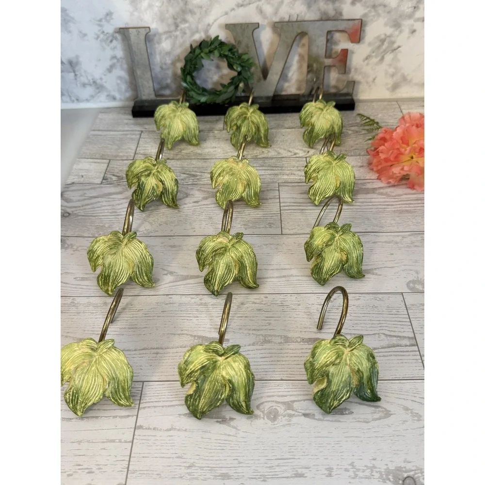 Set of 23 Green Leaves Shower Curtain Hooks Vintage Gold Tone Metal‎ Nature GUC